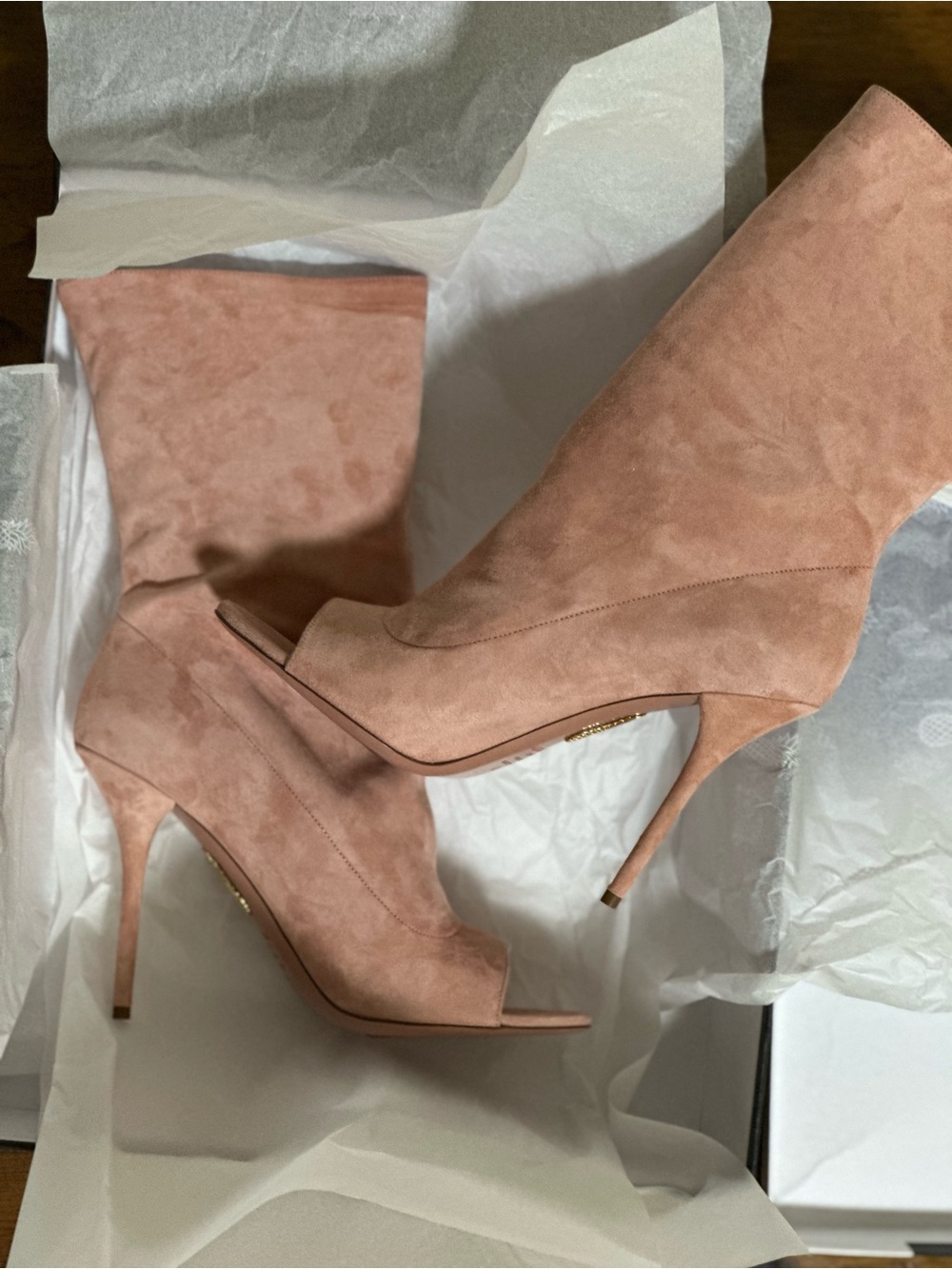 Aquazurra Women's Blush Pink Suede Peep-Toe Stiletto Boots